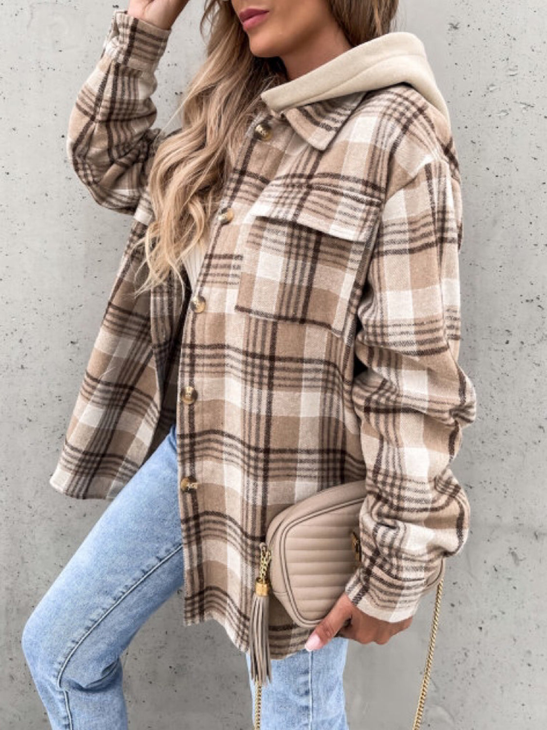 Women's Plaid Button Up Jacket with Removable Hood