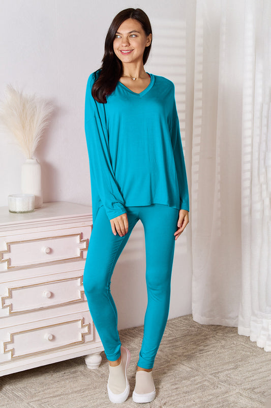 Women's Basic Bae Full Size V-Neck Soft Rayon Long Sleeve Top and Pants Lounge Set