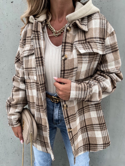 Women's Plaid Button Up Jacket with Removable Hood