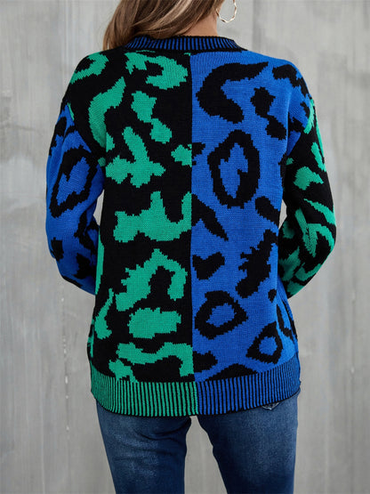 Women's Multi Color Leopard Crew Neck Long Sleeve Sweater