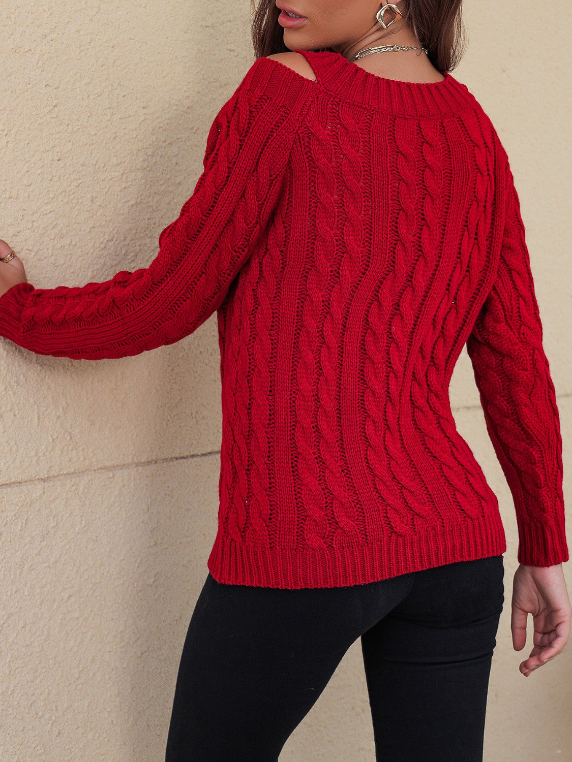 Women's Cable-Knit V-Neck Cold Shoulder Sweater