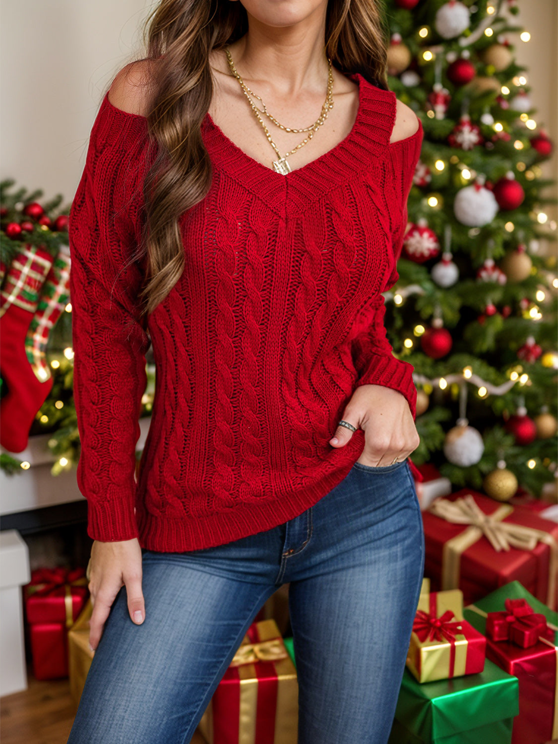 Women's Cable-Knit V-Neck Cold Shoulder Sweater