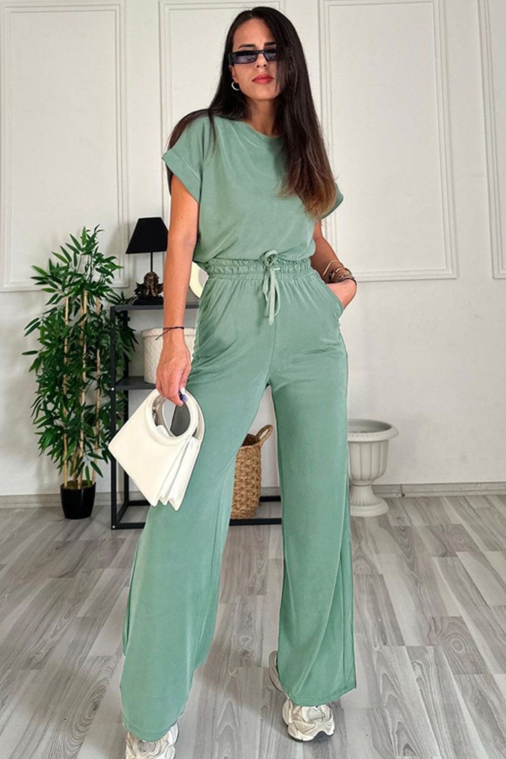 Women's Crew Neck Short Sleeve Top and Drawstring Pants Lounge Set