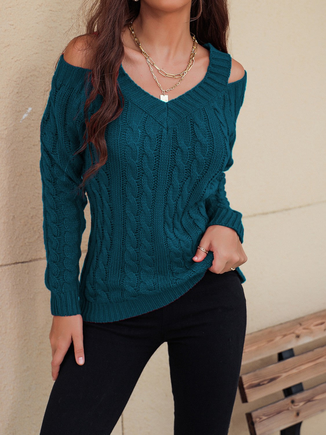 Women's Cable-Knit V-Neck Cold Shoulder Sweater