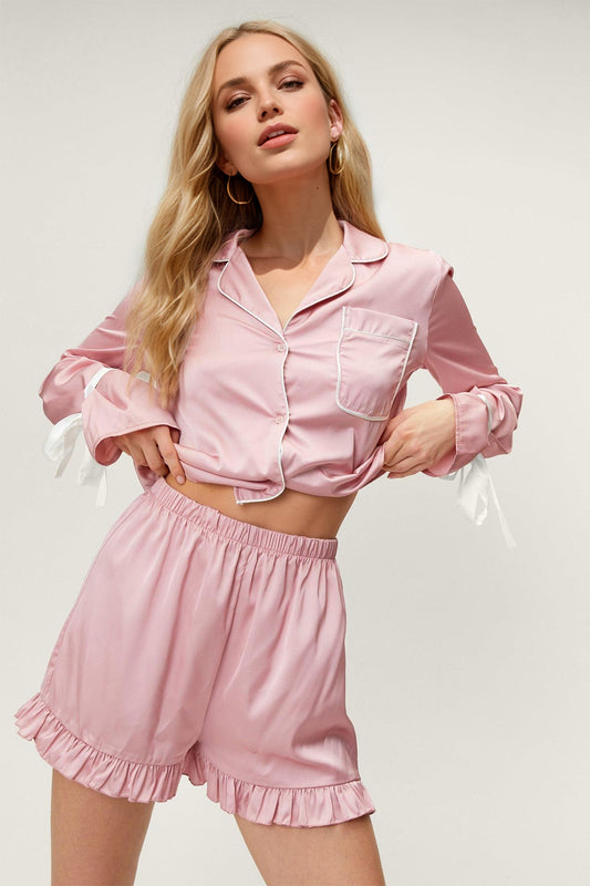 Women's Tied Cuff Collared Neck Top and Frill Pajama Shorts Sleep Set