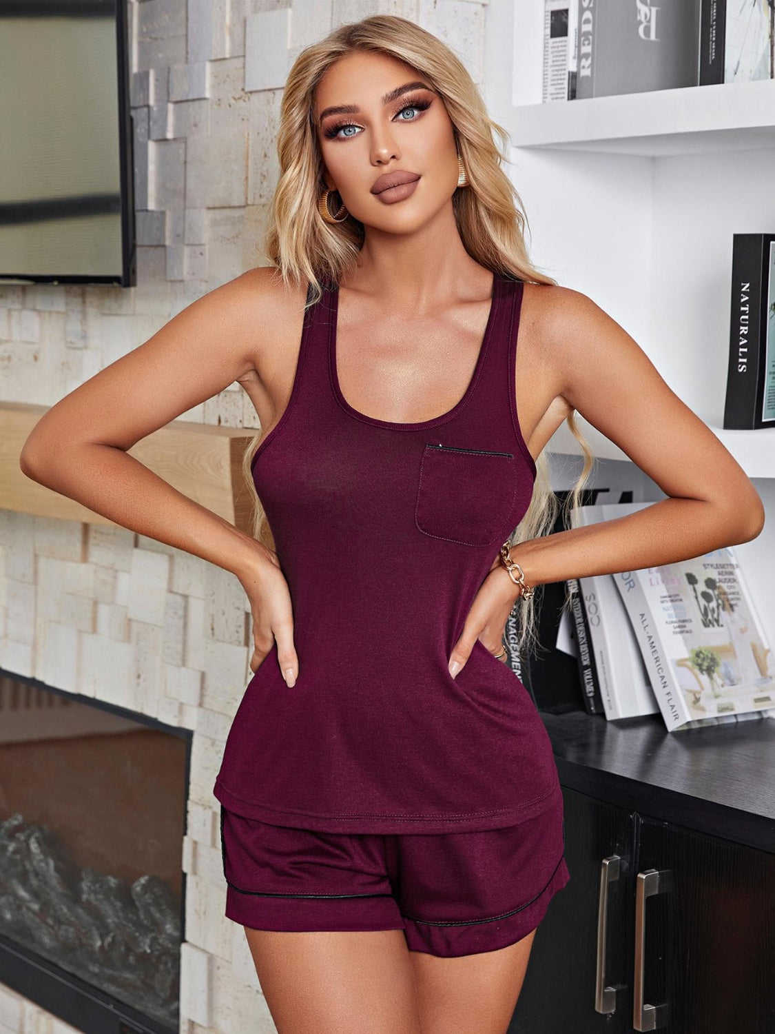 Women's Scoop Neck Wide Strap Tank and Shorts Pajama Set