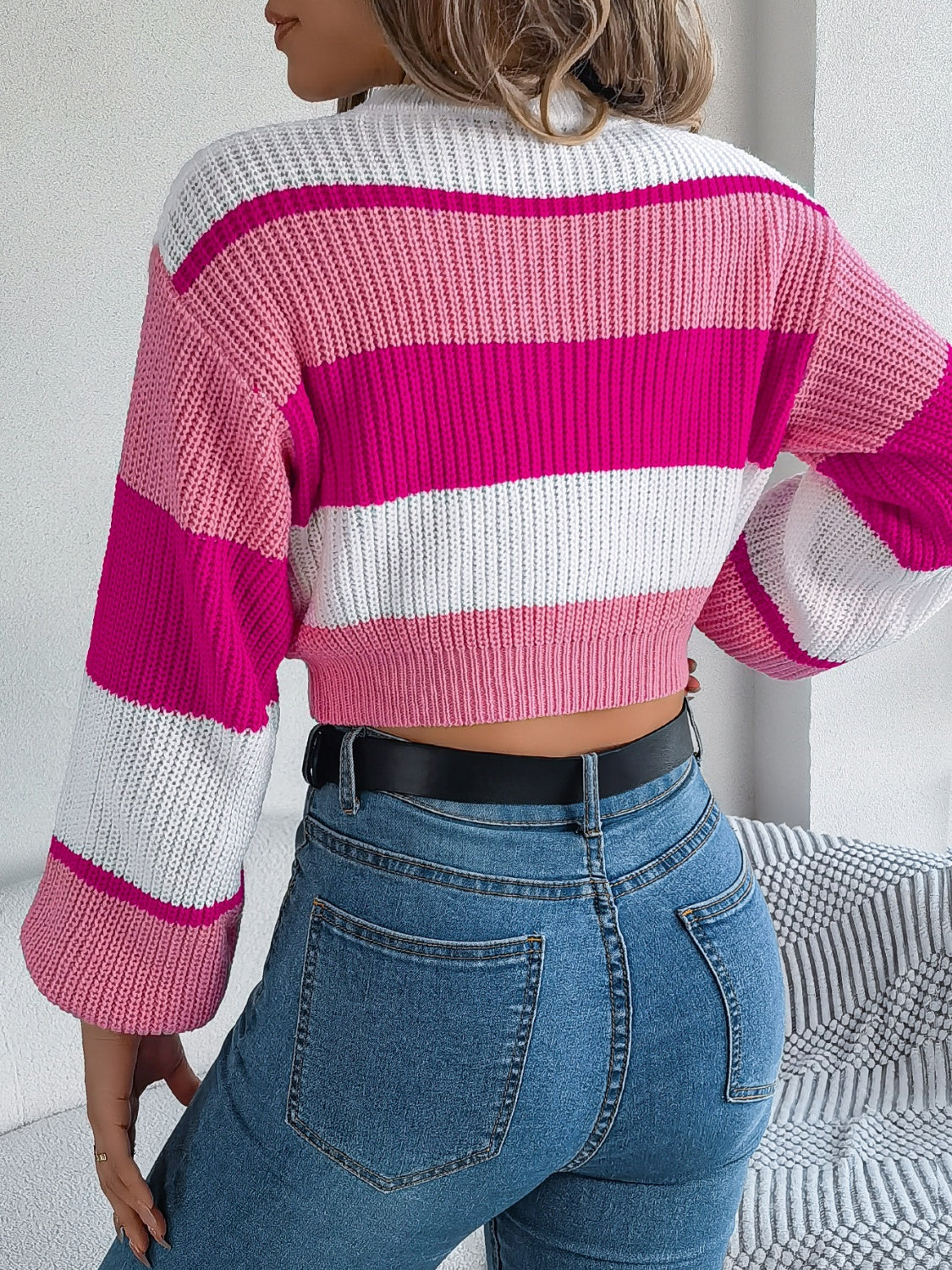 Women's Color Block Crew Neck Cropped Sweater