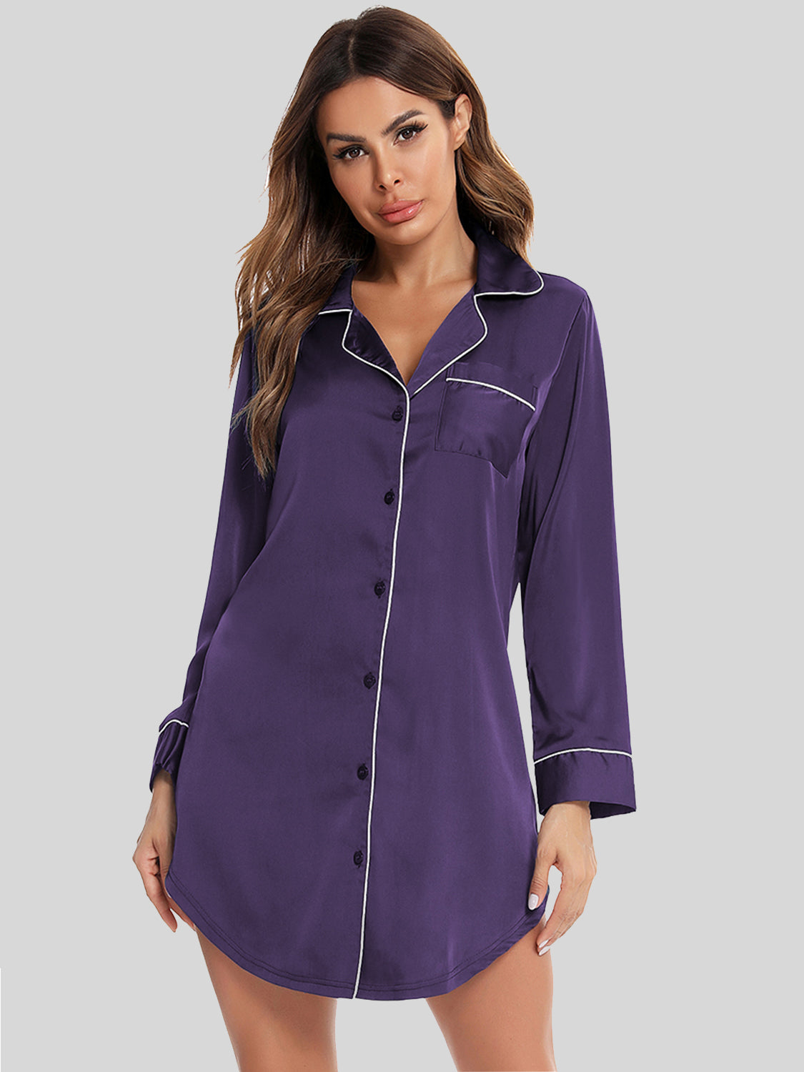 Women's Button Up Lapel Collar Night Dress Sleepwear with Pocket