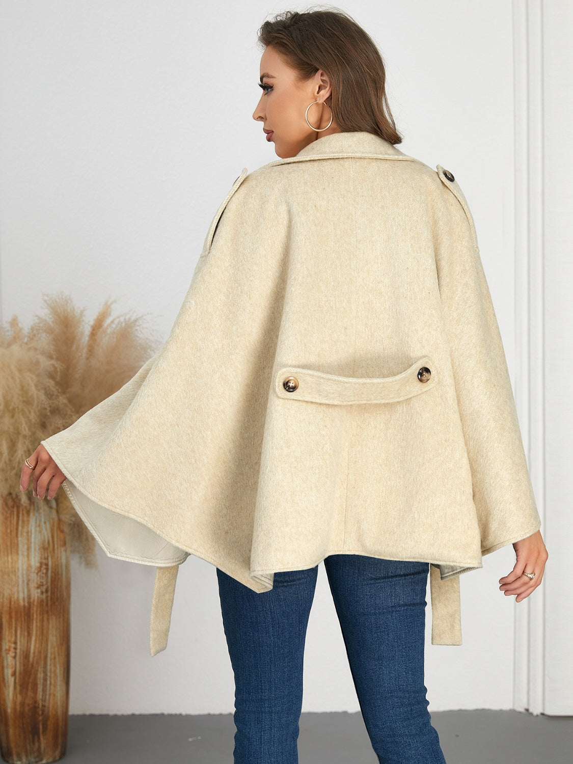 Women's Double-Breasted Tie Waist Poncho Jacket