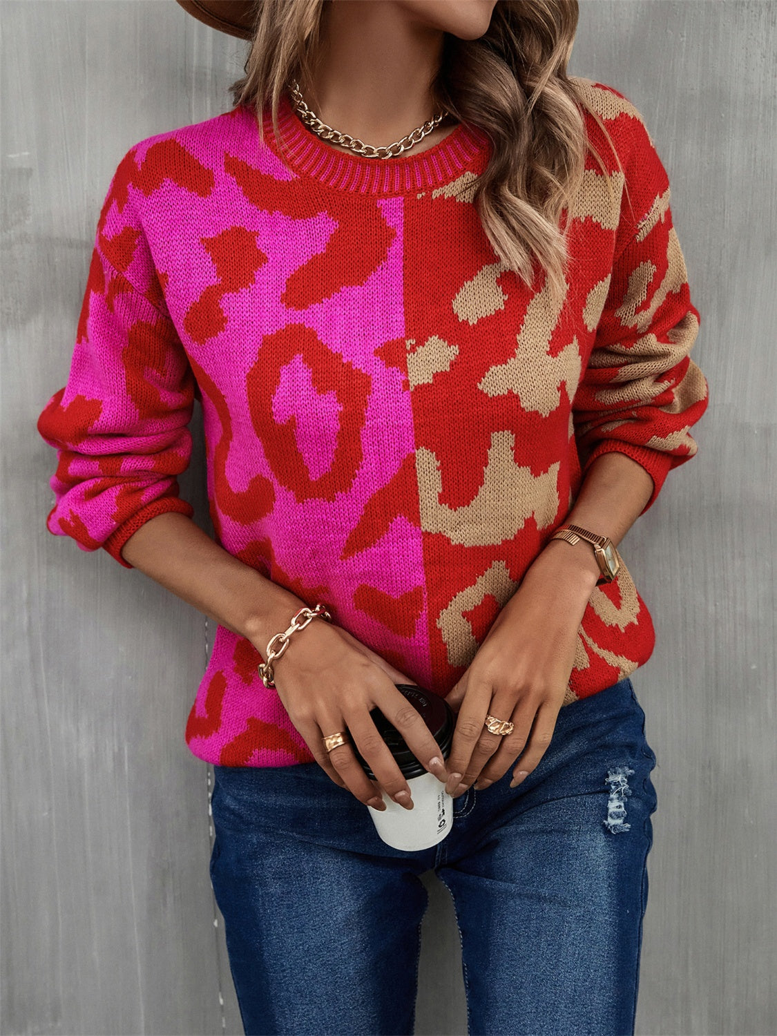 Women's Multi Color Leopard Crew Neck Long Sleeve Sweater