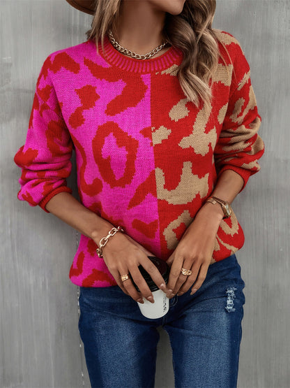 Women's Multi Color Leopard Crew Neck Long Sleeve Sweater