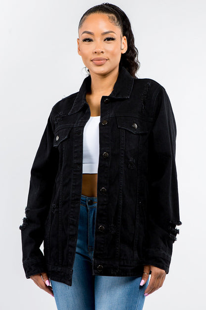 Women's Button Up Distressed Denim Jacket