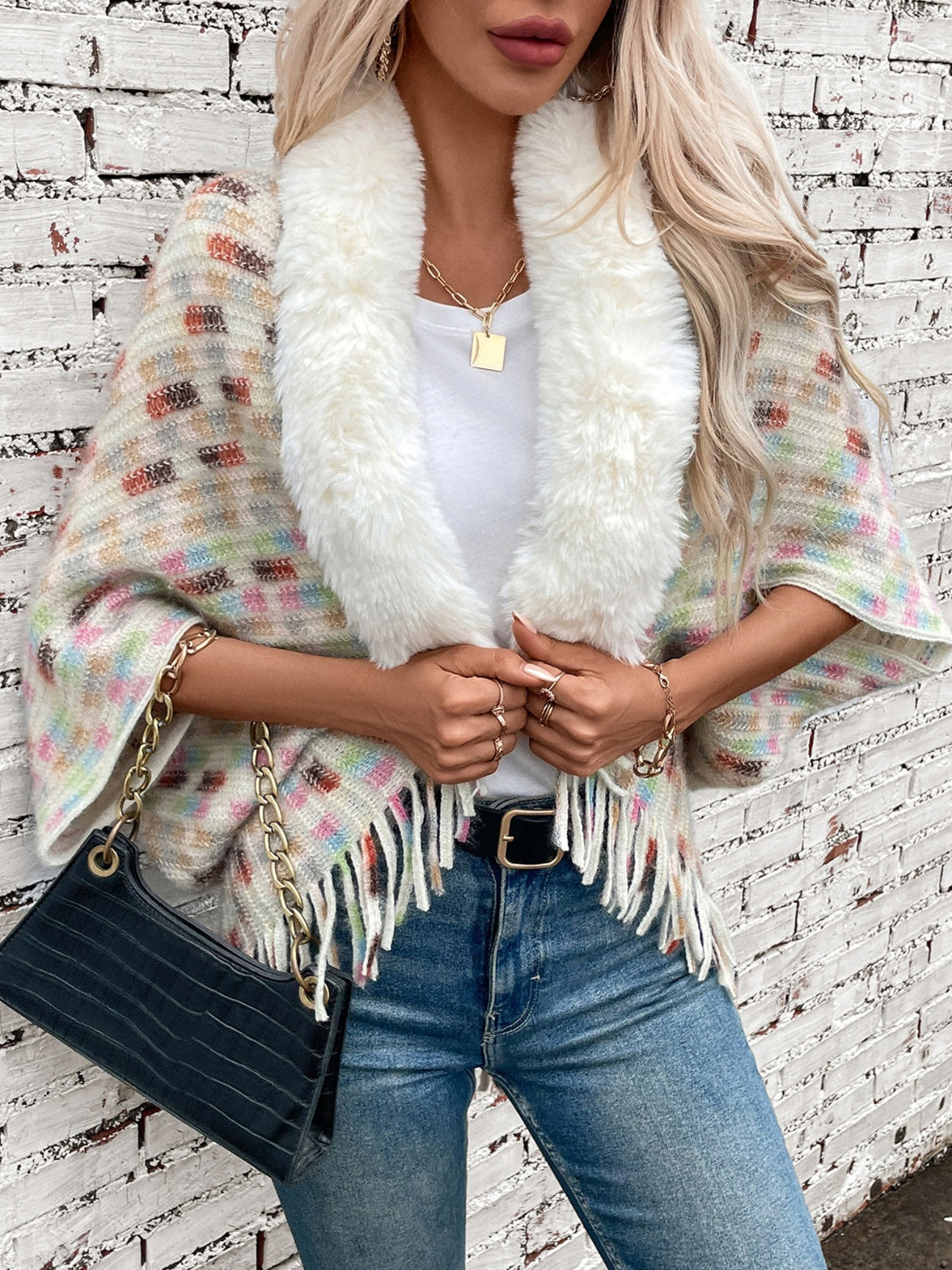 Women's Fringe Fuzzy Open Front Poncho Top